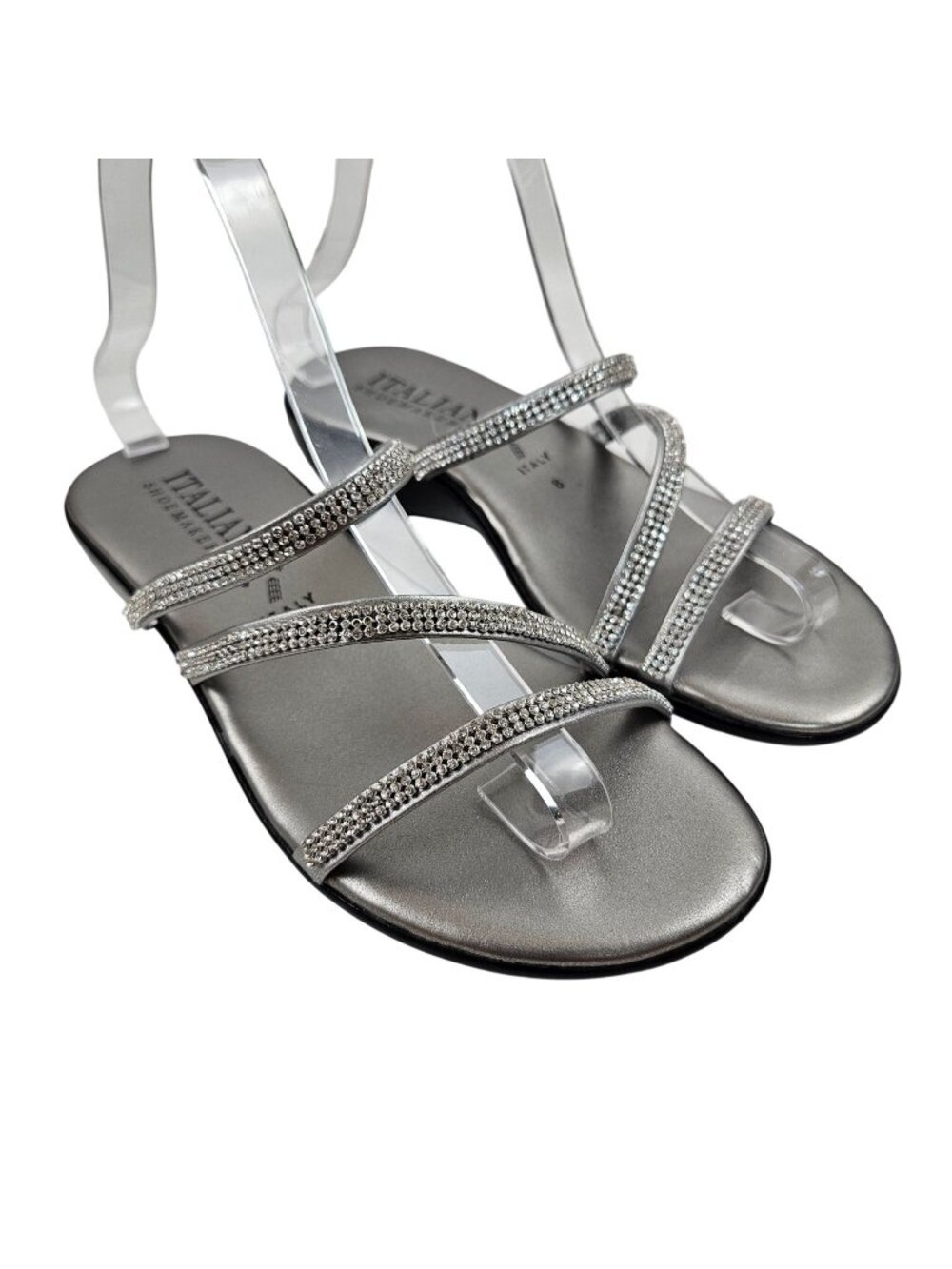 Italian Shoemakers Sandals Womens 8M Rhinestone Silver Wedge Thong Wedge Heel
